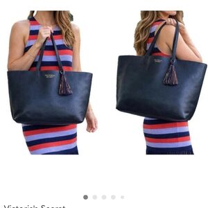 Victoria's Secret large black faux leather tote bag with a rainbow sequin tassel